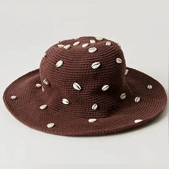 NWT Free People Wyeth Brand Seashell 🐚 Cove Bucket Hat in Chocolate Cotton Knit - Picture 3 of 6